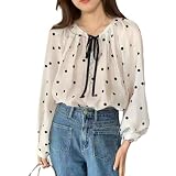 [Septora] ブラウス レディース シャツ 長袖 シフォン トップス 夏 春 秋 透け感 バルーン袖 水玉 リボン 薄手 裏地なし きれいめ ゆったり おしゃれ オフィスカジュアル 韓国 通勤 (アプリコット,M)