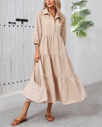 Image of Women Button Down Maxi Shirt Dress Long Sleeve Flowy Tiered Collared Dresses with Pockets
