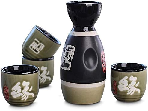 CoreLife Sake Set, 5-Piece Traditional Ceramic Japanese Sake Set with 1 Sake Serving Bottle and 4 Sake Cups - Engraved by Hand Design