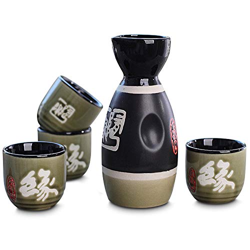 CoreLife Sake Set 5-Piece Traditional Ceramic Japanese Sake Set with 1 Sake Serving Bottle and 4 Sake Cups - Engraved by Hand Design