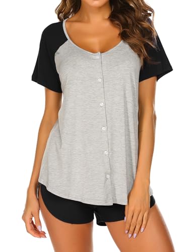 Ekouaer Women's Pajama Short Sleeve Sleepwear Soft Pj Set Cotton Top and Shorts Pajamas Set2