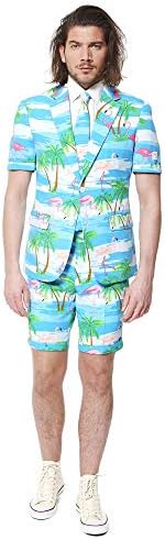 Opposuits Men's Summer Suit - Tropical Flamingo Outfit - Slim Fit - Includes Short Sleeved Blazer, Shorts, and Tie - Size US 38