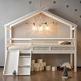PVWIIK Twin Size Low Loft Bed with Slide for Kids,Girls,Boys Bedroom,Wood House Roof Frame with Inclined Ladder,Easy to Assemble,Under Bed Storage,No Box Spring Needed,White