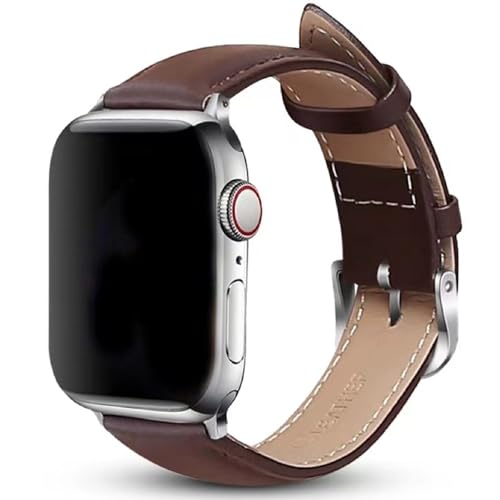 MAOSEMSI Leather Bands Compatible with Apple Watch Band 38mm 40mm 42mm 44mm， Upgrade Genuine Leather Replacement Strap Women Men for iWatch SE & Series 6/5/4/3/2/1 (Dark brown, 38/40/41/42mm)