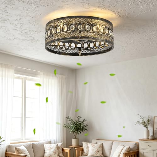 Rjieoc Vintage Crystal Ceiling Fan with Light, Farmhouse Caged Fandelier with Remote Control, Antique Bronze Flush Mount Ceiling Fan Light for Bedroom Living Room Dining Room Kitchen - image 3