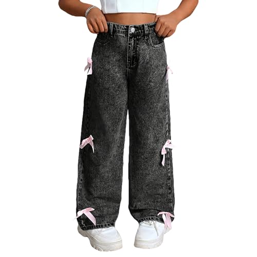 Jeans filles amropi à large jambe et nœud papillon pour enfant de 5 à 11 ans