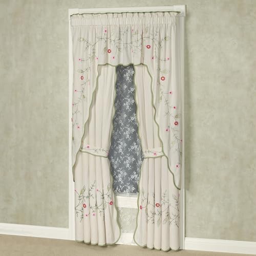 Posy Cottage Garden Lined Cotton Window Treatments | Chain Stitch Embroidery & Crochet Fiber Art Floral and Leaf Vine Designs | Rod Pocket Drapery Set with Long Contour Swag Valance & 84L Curtain Pair