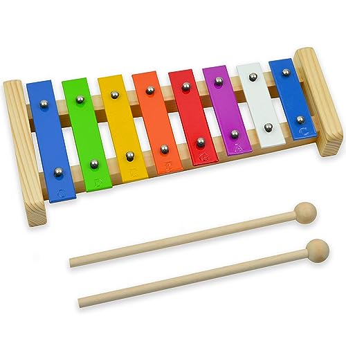 A-Star Xilófono Glockenspiel diatónico colorido de 8 notas con teclas multicolores con dos batidores de madera - C6 a C7