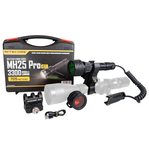 Nitecore MH25 Pro Hunting Light Kit, 3300 Lumen 771 Yard Long Throw, Red and Green Filters, Rechargeable with Lumentac Rifle Mounting Kit for Hog Coyote and Varmint Hunting (Gift Box Packaging)