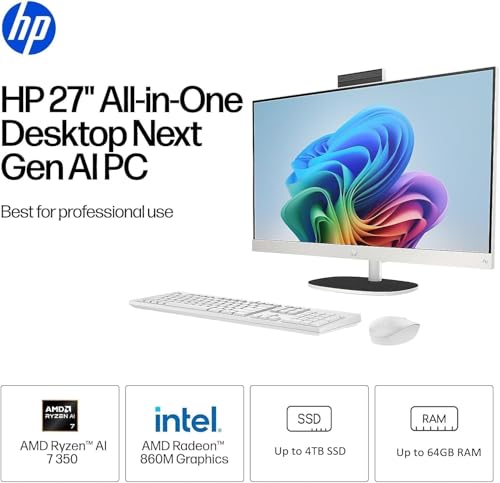 Image of HP 27 inch All-in-One FHD Touchscreen Desktop Computer, AMD Ryzen AI 7 350, 16GB DDR5 1TB PCIe SSD, Includes Wireless Keyboard & Mouse + External 9H 6-in-1 DVD Drive, Windows 11 Pro, White