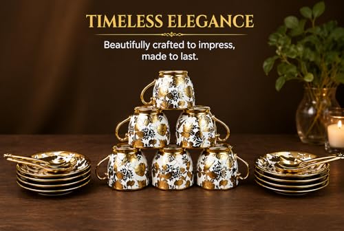 Image of Premium Ceramic Tea Set - 18 PCS | Elegant Gold-Plated Tea Cup Set with 6 Cups, 6 Saucers, 6 Spoons | Ideal for Home, Office, and Parties (Blue)