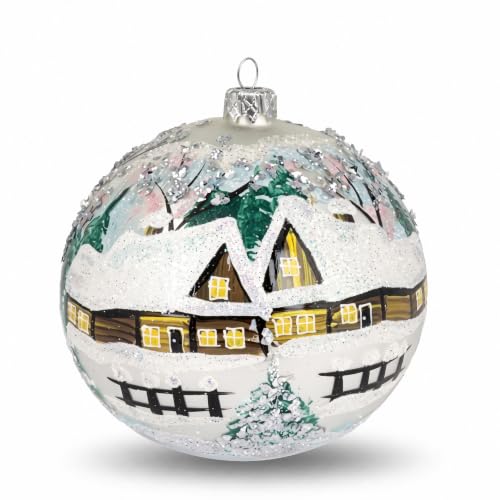 Hand Blown Glass Ball Christmas Ornament, 5 in, Cottage Houses White