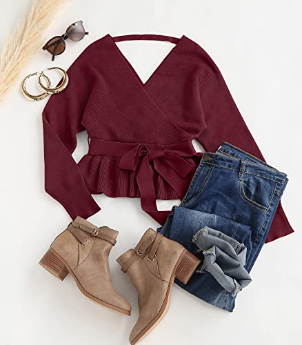 Image of ZESICA Women's Fall 2026 Wrap V Neck Long Batwing Sleeve Belted Waist Ruffle Knitted Sweater Pullover Top