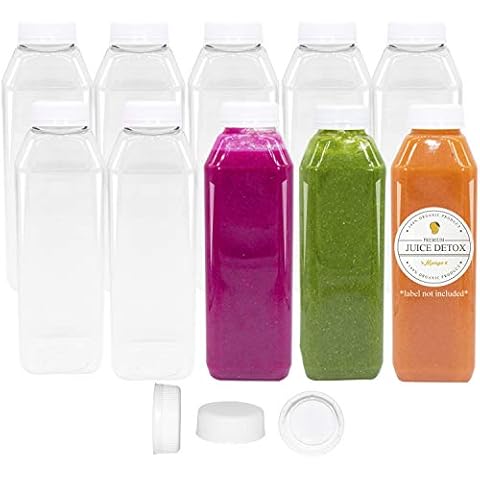 Upper Midland Products 12 oz Empty Juice Bottles Reusable Clear Plastic Disposable Milk Containers with White Tamper Proof Caps Set of 10 Cover