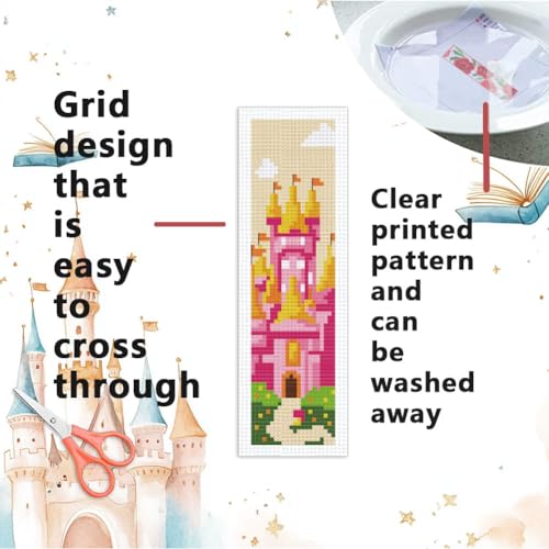 Image of INFUNLY 6 Set Fairytale Elements Cross Stitch Bookmark Kits 8 inchx2.4 inch DIY Mermaids Embroidery Bookmark Kits for Beginners with Instruction Cartoon Castle Bookmark Making Kit for Book Lovers Reader Gift