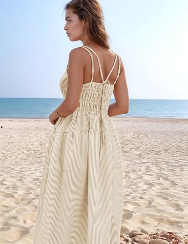 Image of Women's 2025 Summer Striped Smocked Maxi Dress Sleeveless Boho Sundress Double Strap Flowy Swing for Beach Vacation