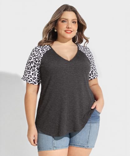 Image of CARCOS Plus Size Tops for Women Short Sleeve Raglan Striped Tee Color Block Crewneck /V Neck Tunic Loose Fit Summer XL-5XL
