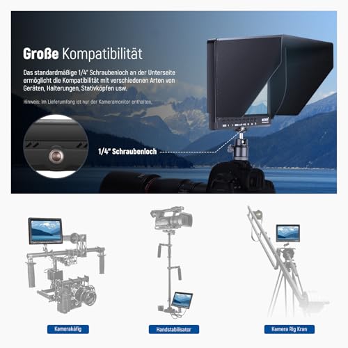 NEEWER F100 7 Zoll Kamera Field Monitor HD Video Assist IPS 1280x800 HDMI 1080p mit 4400mAh F750 Akku, Sonnenschutzhaube & 360° Kugelkopf für DSLR Kameras, Handstabilisator, Film Video Making Rig