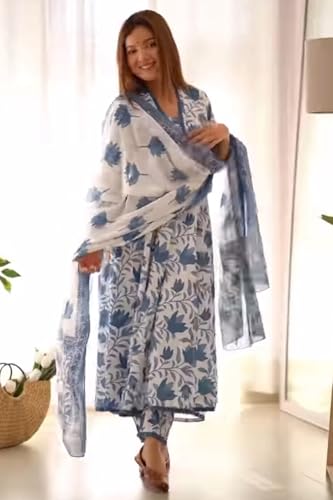Image of PARTHVI Women's Printed Cotton Anarkali Kurta & Pant With Dupatta Set