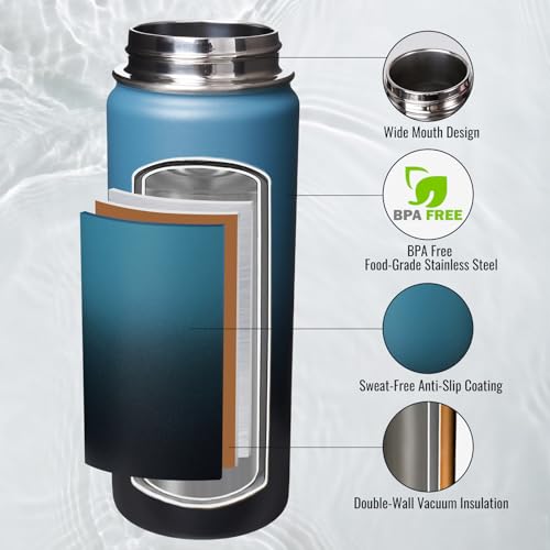 Image of Fijinhom Insulated Water Bottle with Handle, 304 Stainless Steel Water Bottles with Wide Mouth, Double Wall Vacuum Sports Water Bottle, BPA Free, Keep Cold and Hot, 18 Ounces, Blue&Black