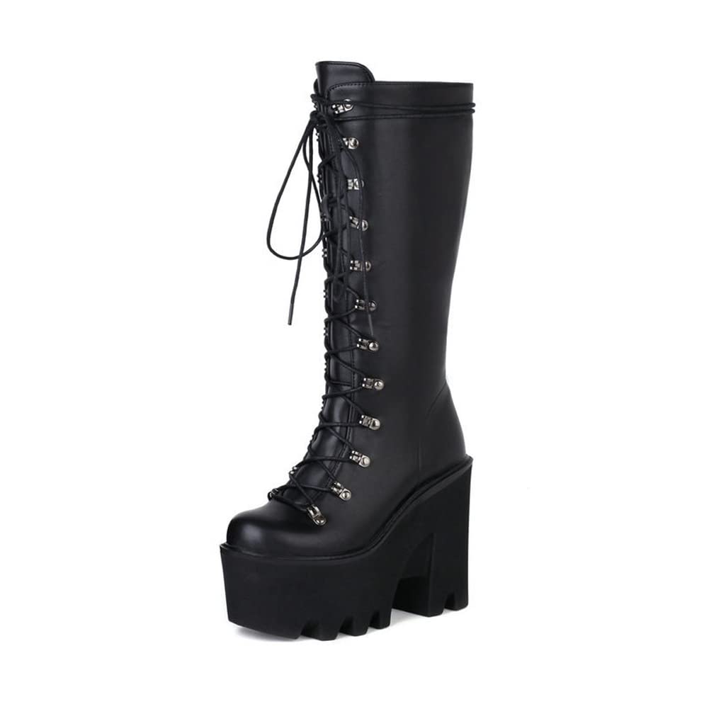 Botas Media Pantorrilla con Plataforma para Mujer Tacón Ancho con Cordones Botas Militares Punk Góticas