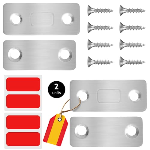 GAEVAZ® Imanes con adhesivos o tornillos para puertas de armario | Cierre magnético fuerte y discreto | Imanes para cierre de puertas cocina, cajones | Fácil instalación (Plata, Pack 2 (1,5x4cm))