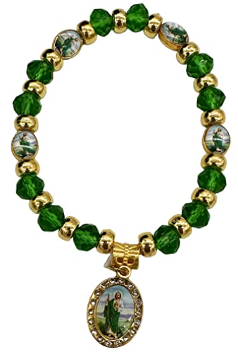 RBN Saint Jude Crystal Green Stone Bracelet Pulsera De San Judas Tadeo Prosperidad Proteccion Y Buena Suerte Baptism Beaded Bracelets - 12 PCS