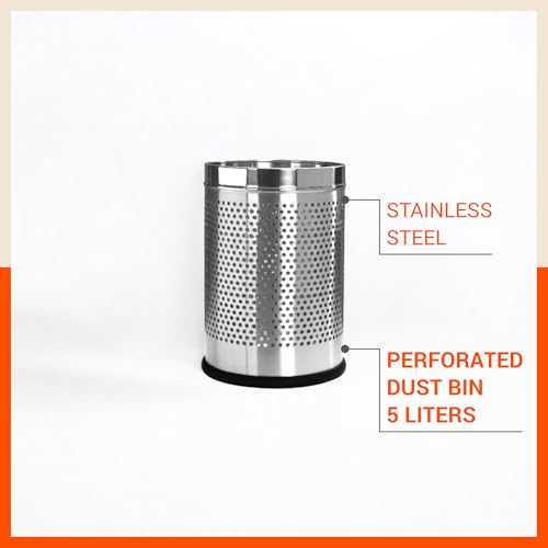 Image of Bathla Stainless Steel Perforated Open Dustbin - 5 Litres | Mesh Trash Can for Home, Office & Commercial Use | Durable, Rust-Resistant & Ventilated Waste Bin