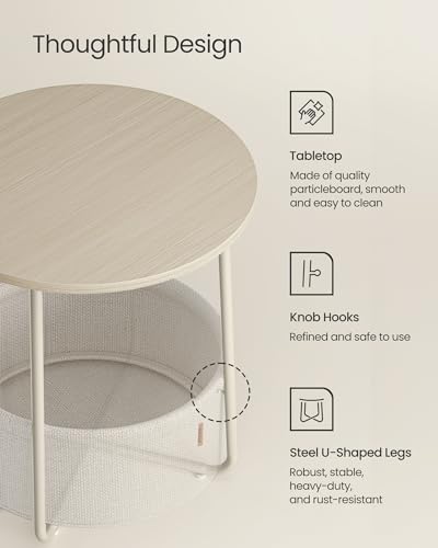 Image of VASAGLE LILEA Collection - Small Round Side End Table, Modern Nightstand with Fabric Basket, Cream White ULET223K67