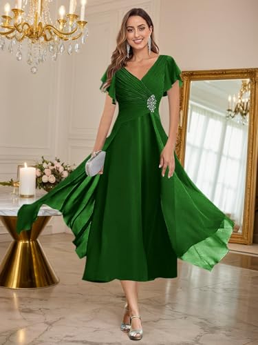 Elegant Short Sleeve Mother of The Bride Dresses Petite for Women Chiffon Beaded A-Line Tea Length Formal Gown3