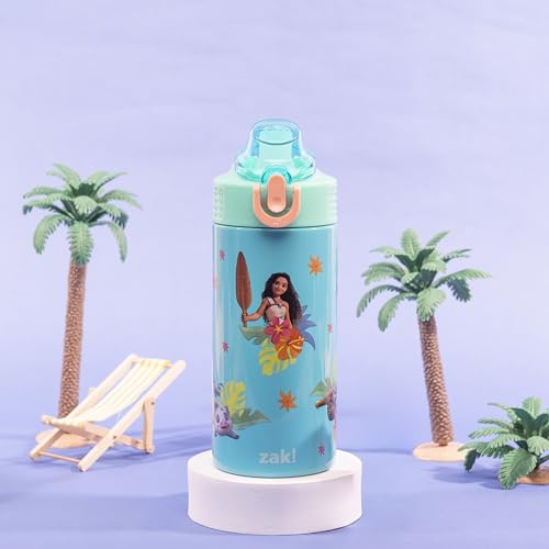 Image of Zak Designs Disney Moana Sage Kids Water Bottle For School or Travel, 14oz Stainless Steel Water Bottle With Straw, Handle, and Leak-Proof, Pop-Up Spout Cover (Moana, Maui, Pua, Hei Hei)