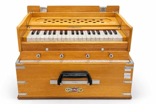Harmonium Traveler, Portable Folding with 4 Stops, 2½ Octaves, Teak, Wood, 18 x 12 x 7 Inches, 8 KG, Bass-Male Reed, 440 Hz, with Coupler and Gig Bag, Harmonium BINA no. 23B Dx