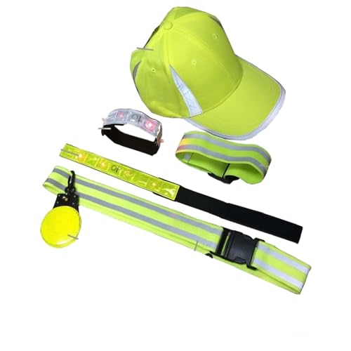 BRITEGUARD Reflective Safety Kit for Runners and Bikers | Neon Cap, Adjustable Waist & Arm Bands | LED Strap Bands | Clip-On Flashing Lights | Enhancing Nighttime Safety