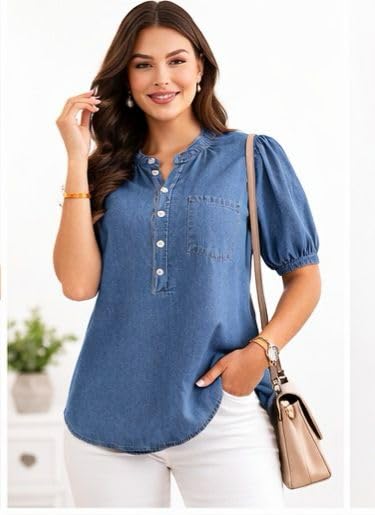 Image of Women's Denim Shirt, Blue, Puff Sleeve, Breeze Top Button Front, Casual Top