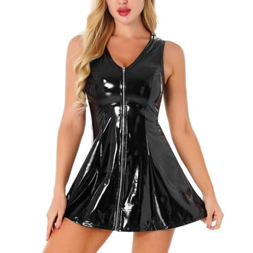 PARUPRUP Damen Lederkleid Wetlook Kurz PU Minikleid mit Rüschen Sexy Kleid Damen Dessous mit Reißverschluss Partykleid Clubwear Breite Träger...