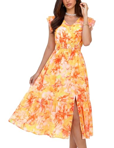 Image of GRACE KARIN 2026 Womens Summer Dresses V Neck Ruffle Sleeve Floral Boho Beach Dress A-Line Swing Midi Wedding Guest Sundress