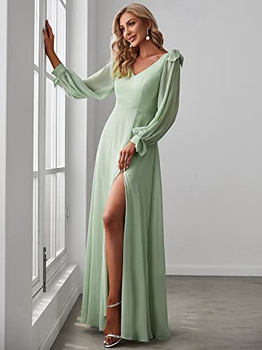 Image of Ever-Pretty Women's Fall Winter Formal Wedding Guest Dress Long Sleeve V Neck Chiffon Floor Length Bridesmaid Dresses 80116