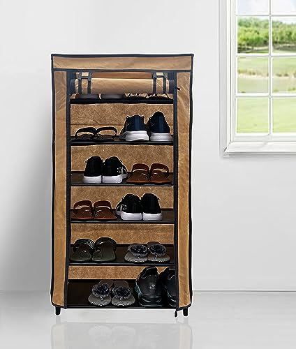 Image of Multi Utility 6 Layer Shelf Collapsible Metal Pipes with Non-Woven 100GSM Fabric Cover for Shoe /Cloth /Toy /Books Rack (Beige, Metal)