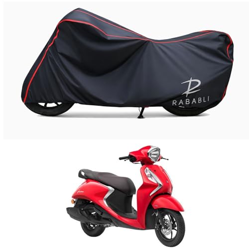 Image of Waterproof Bike Body Cover Compatible for | Yamaha Fascino 125 | Taffeta Fabric, Red Piping Design, Bottom Elastic Fit | Dustproof, Sun UV & Rain Protection for All Bikes
