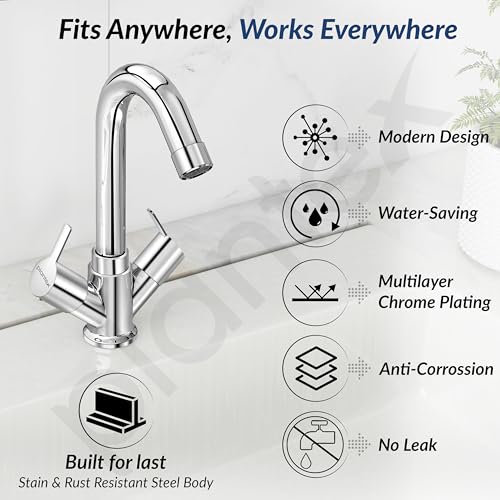 Image of Plantex Mixer Tap for Bathroom with Brass Spindle /Hot & Cold Basin Mixer /Wash Basin Tap /Bathroom Accessories - Pack of 1 (Rio, Chrome)