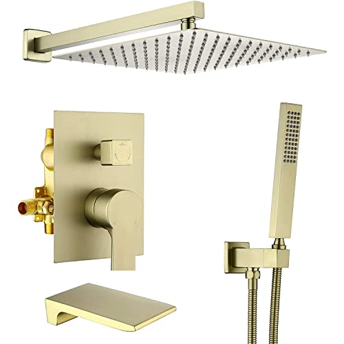 Grifo de Ducha Empotrado, Con Caño de bañera Cascada y Alcachofa de ducha de Mano, 12" Lluvia Latón Sistema de ducha Conjunto 3 Funciones - Instalación Fácil,Brushed gold Cover