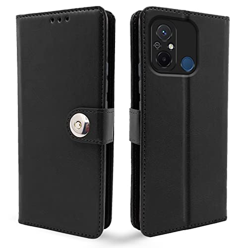 Image of Pikkme Redmi 12C / Poco C55 Flip Cover Leather Finish | Inside TPU with Card Pockets | Wallet Stand and Shock Proof | Complete Protection Button Flip Case (Black)
