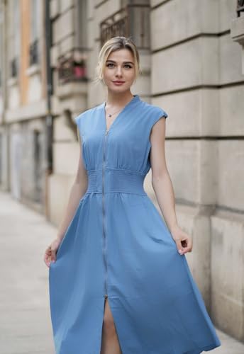 Image of GRACE KARIN Womens Summer Casual Dress, Business Office Work Flowy Dresses | Cap Sleeve, Zipper Front, V Neck, Smocked Waist, Knee Length, Sleeveless, High Waist, Flowy Work,Causal, Midi