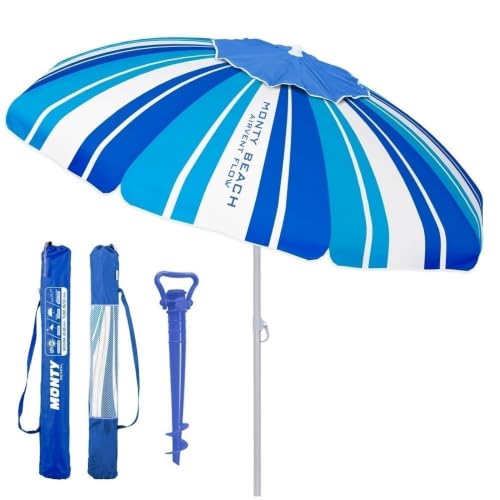 LOLAhome Sombrilla playa 220 cm y soporte arena, protección UV+50, sombrilla antiviento, varillas flexibles fibra vidrio, techo ventilación, mástil inclinable y regulable altura, bolsa transporte