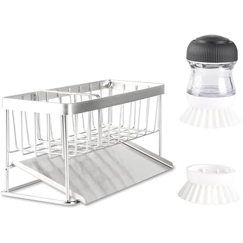 OYV Kitchen Sink Organizer with Soap Dispensing Palm Brush, Rustproof 304 Stainless Kitchen Sink Caddy, Sponge Holder for Kitchen Sink with Auto Draining Tray, Removable Divider Cover