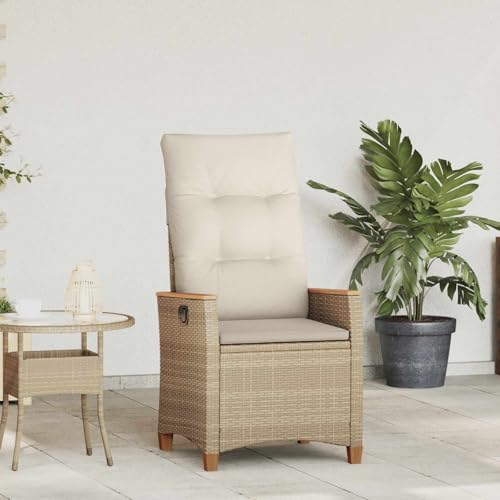 Zentexion Silla de jardín ajustable de ratán sintético con reposabrazos de madera de acacia, beige y crema, 64 x 57,5 x 112 cm, con cojín acolchado para terraza, balcón, jardín y uso al aire libre