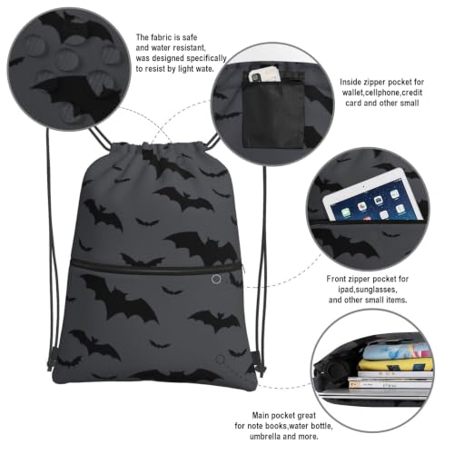 Image of Halloween Bat Drawstring Backpack, Gothic Black Grey Waterproof Drawstring Bag, Large Capacity Durable String Sackpack, Cinch Sackpack for Yoga Sport Beach Gym Shopping