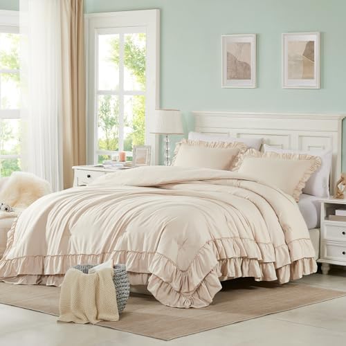 Cupocupa Beige Queen Comforter Set, 3Pcs Comforters Ruffle Farmho...