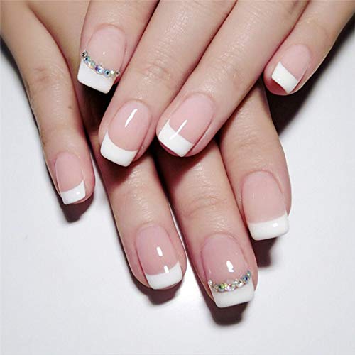 Derora Square Press on Nails Short Fake Nails Acrylic False Nails Full Cover Nails for Women and Girls (24Pcs) (Purple-3) (French Pearl)