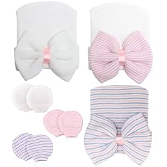 3 Pack Mitten & Hat : Pink & Pink Bow & Pink Blue White